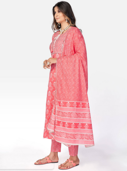 Women's Pink Anarkali Cotton Kurta With Pant & Dupatta By Vbuyz (3