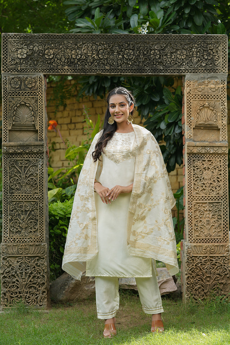 Women's Poly Silk Yoke Design Kurta Pants Dupatta Set
