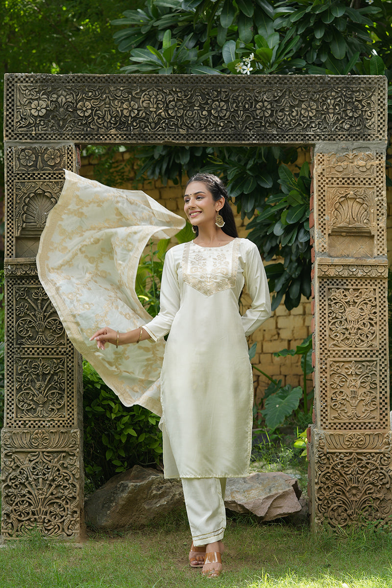 Women's Poly Silk Yoke Design Kurta Pants Dupatta Set