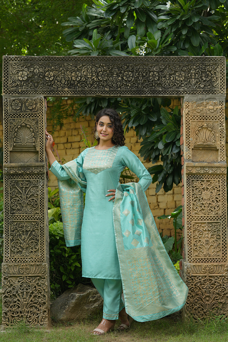 Women's Poly Silk Yoke Design Kurta Pants Dupatta Set