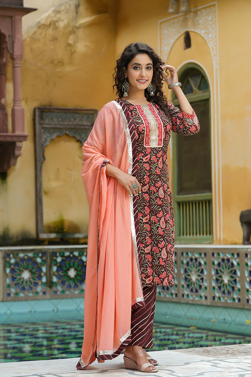 Women's Cotton Printed Kurta Pant Dupatta Set