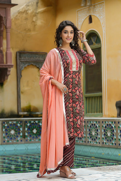 Women's Cotton Printed Kurta Pant Dupatta Set