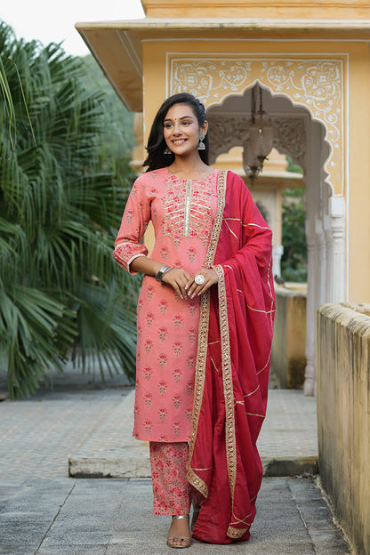 Women's Cotton Printed Kurta Pant Dupatta Set