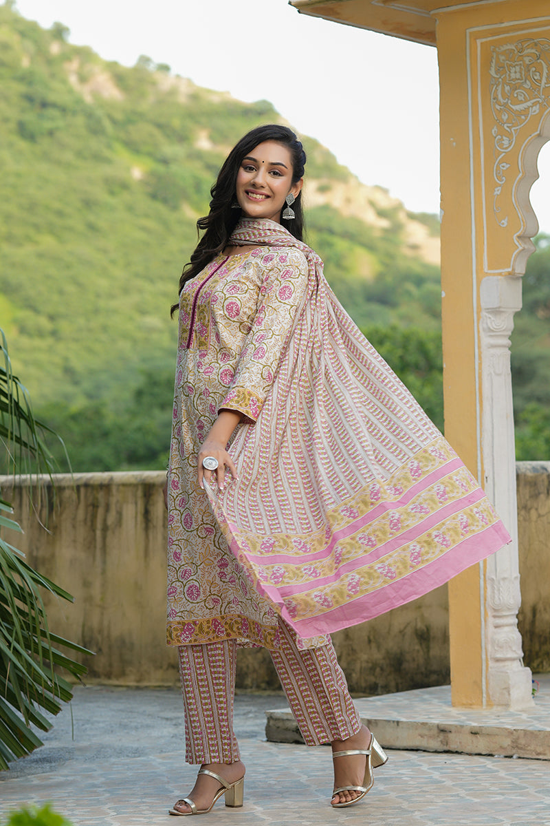 Women's Cotton Printed Kurta Pant Dupatta Set