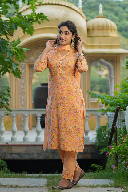 Women's Cotton Printed Kurta Palazzo Dupatta Set
