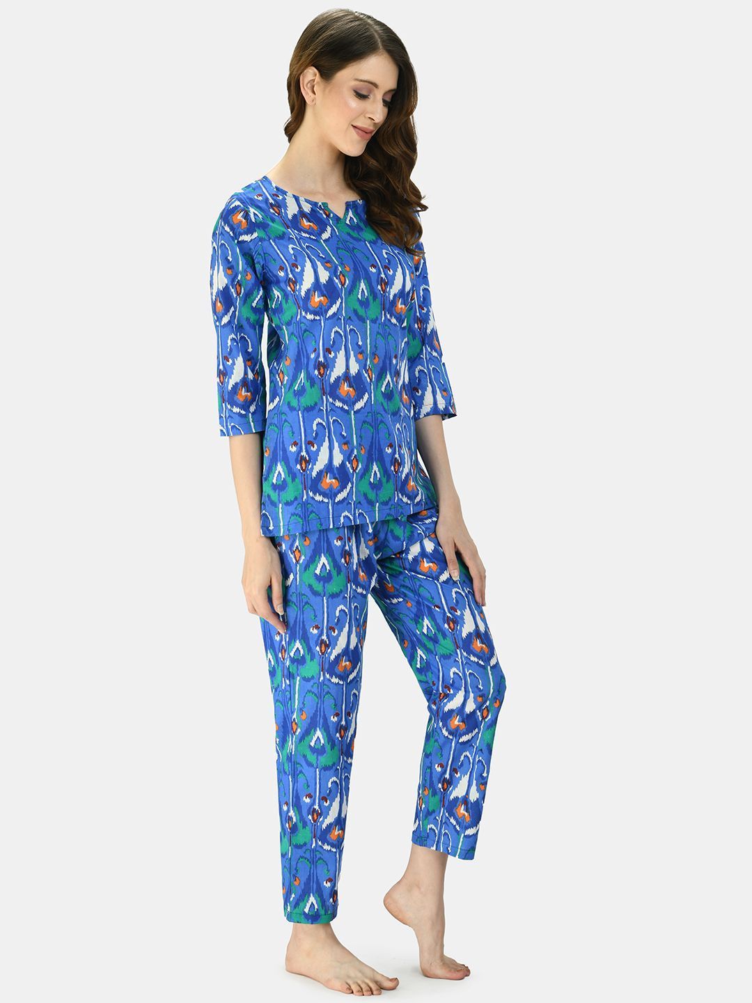 Women's Blue Cotton Printed Half Sleeve V Neck Casual Night Suit