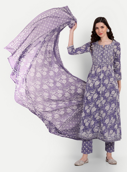 Women's Anarkali Cotton Printed Embroidered Kurta Pant And Dupatta