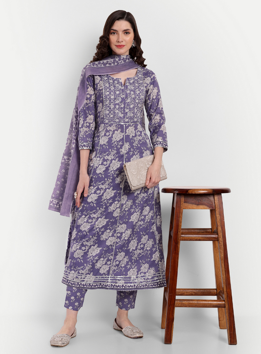 Women's Anarkali Cotton Printed Embroidered Kurta Pant And Dupatta