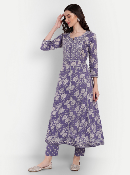 Women's Anarkali Cotton Printed Embroidered Kurta Pant And Dupatta