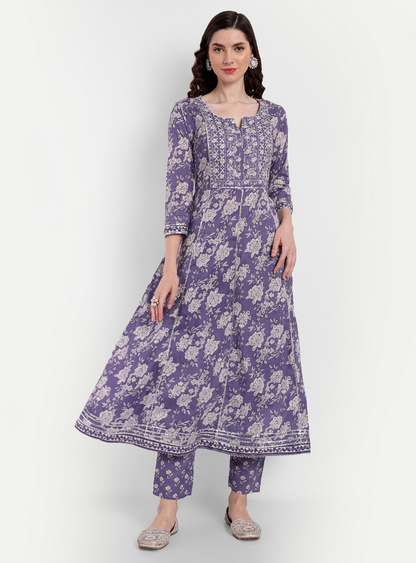 Women's Anarkali Cotton Printed Embroidered Kurta Pant And Dupatta