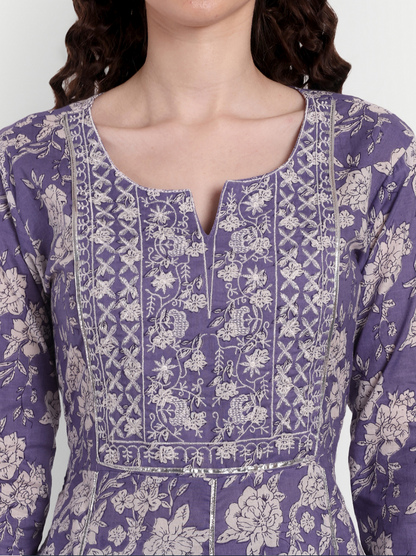 Women's Anarkali Cotton Printed Embroidered Kurta Pant And Dupatta