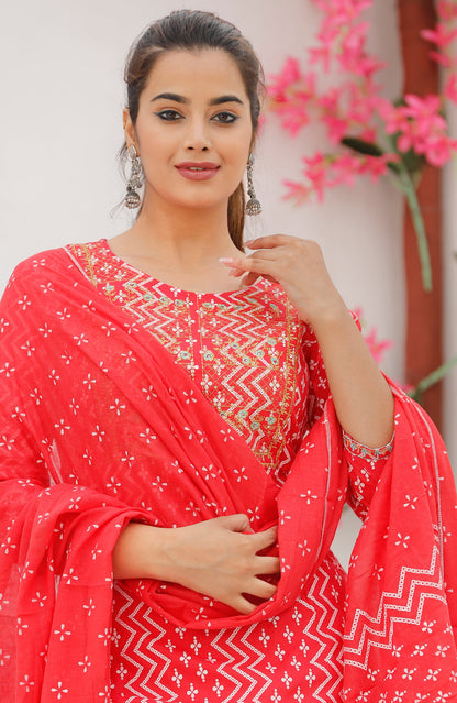 Women's Rayon Red Bhandej Printed Embroidered Kurta With Pant And Dupatta Set