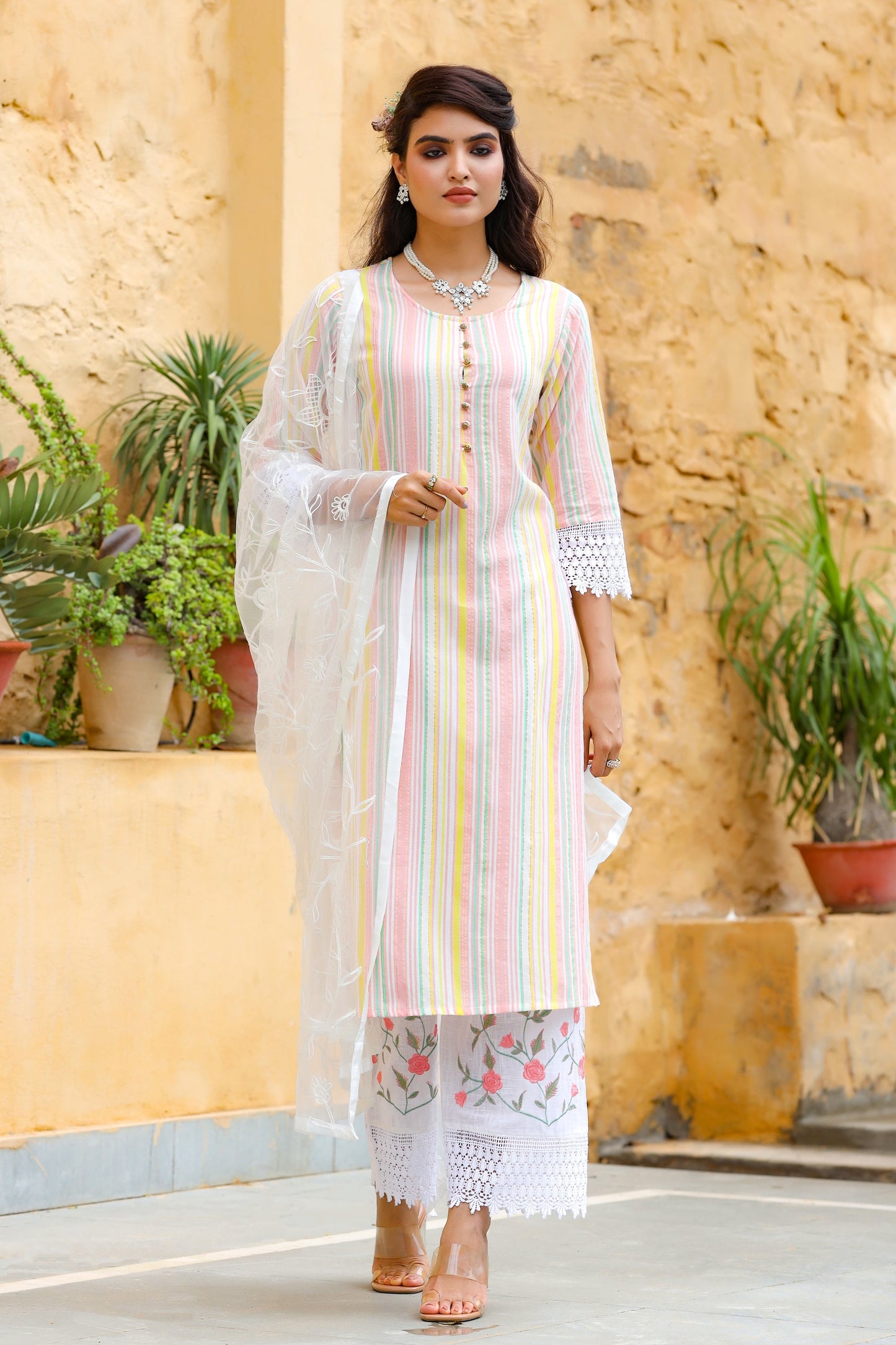 Women's White Striped Dupatta Set