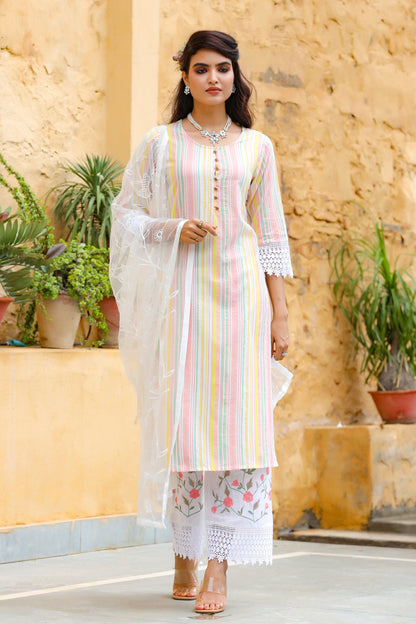 Women's White Striped Dupatta Set