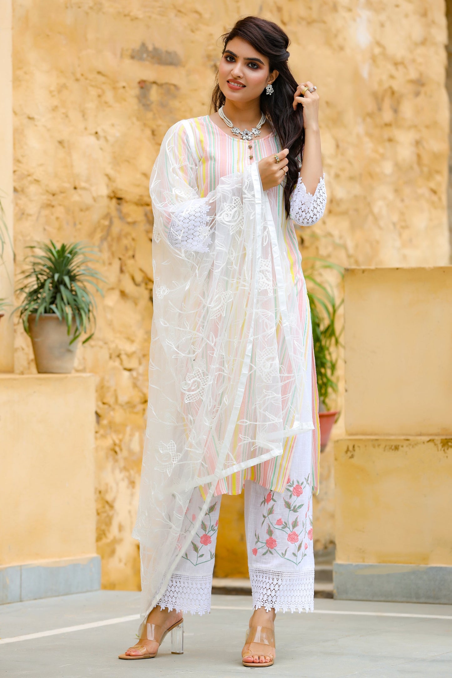 Women's White Striped Dupatta Set