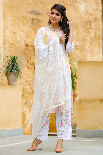 Women's White Striped Dupatta Set