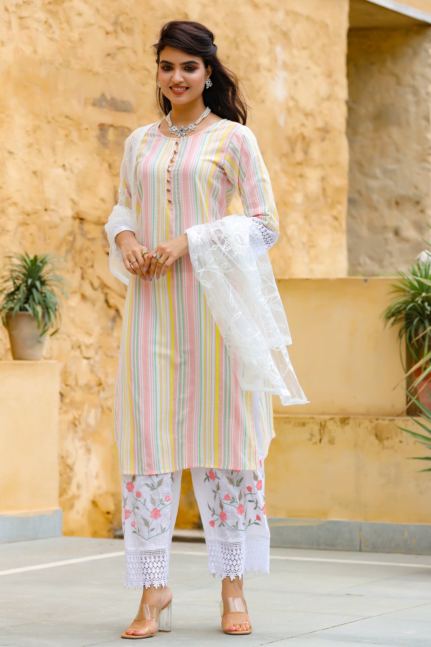 Women's White Striped Dupatta Set