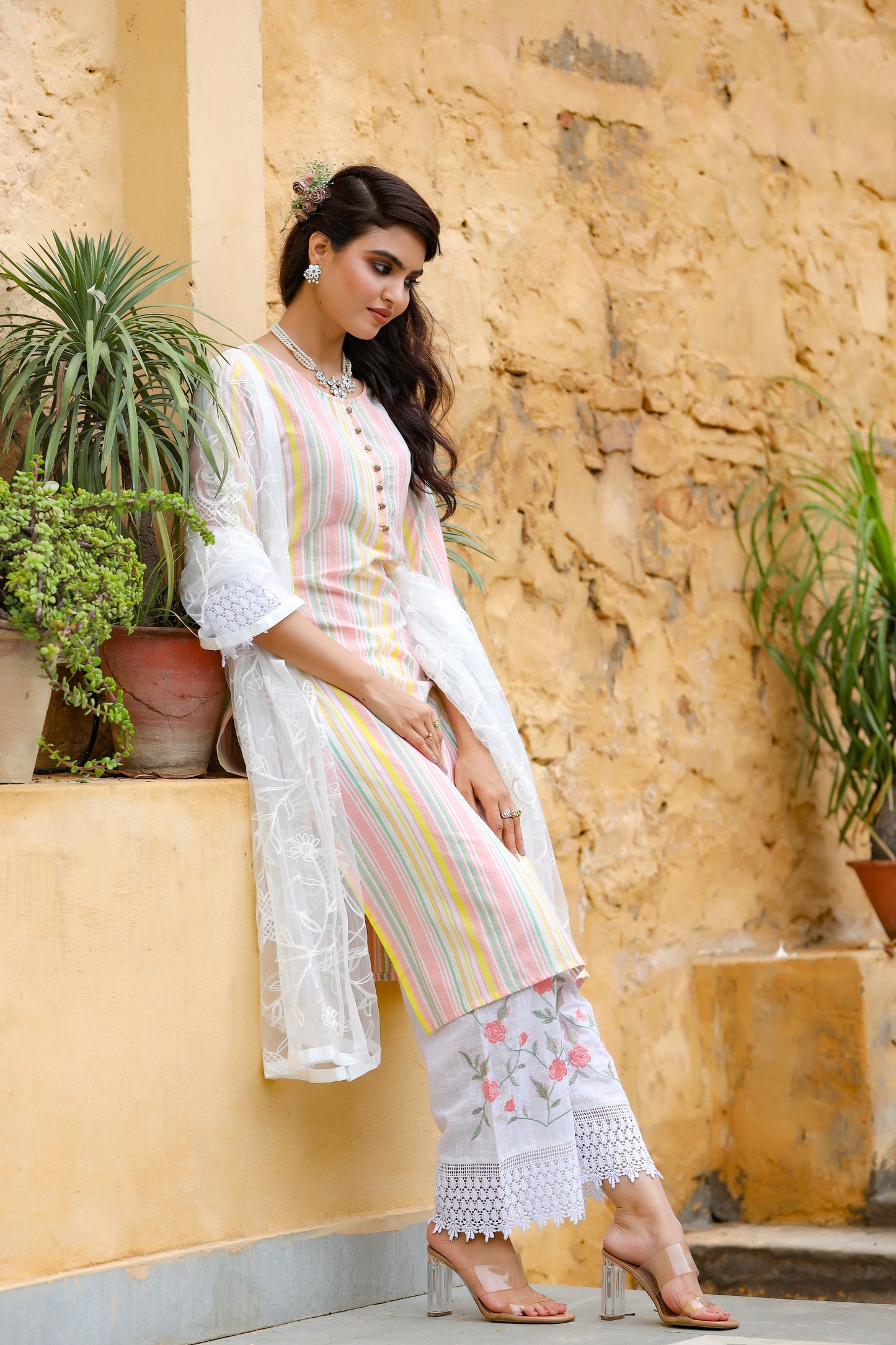 Women's White Striped Dupatta Set