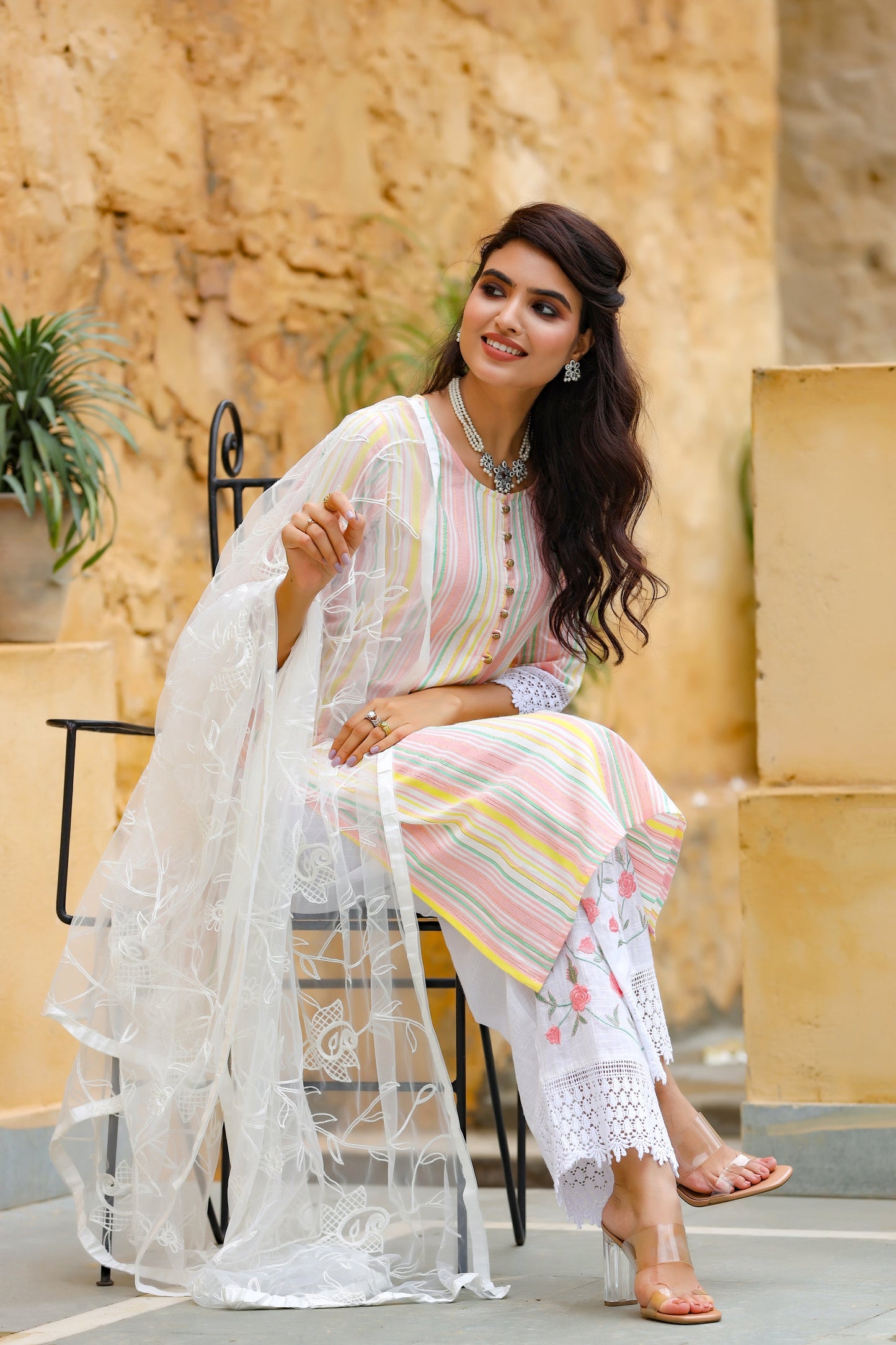 Women's White Striped Dupatta Set