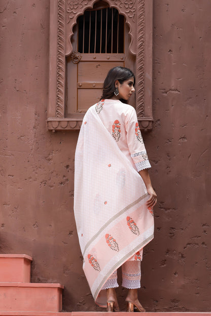 Women's Peach Printed Dupatta Set