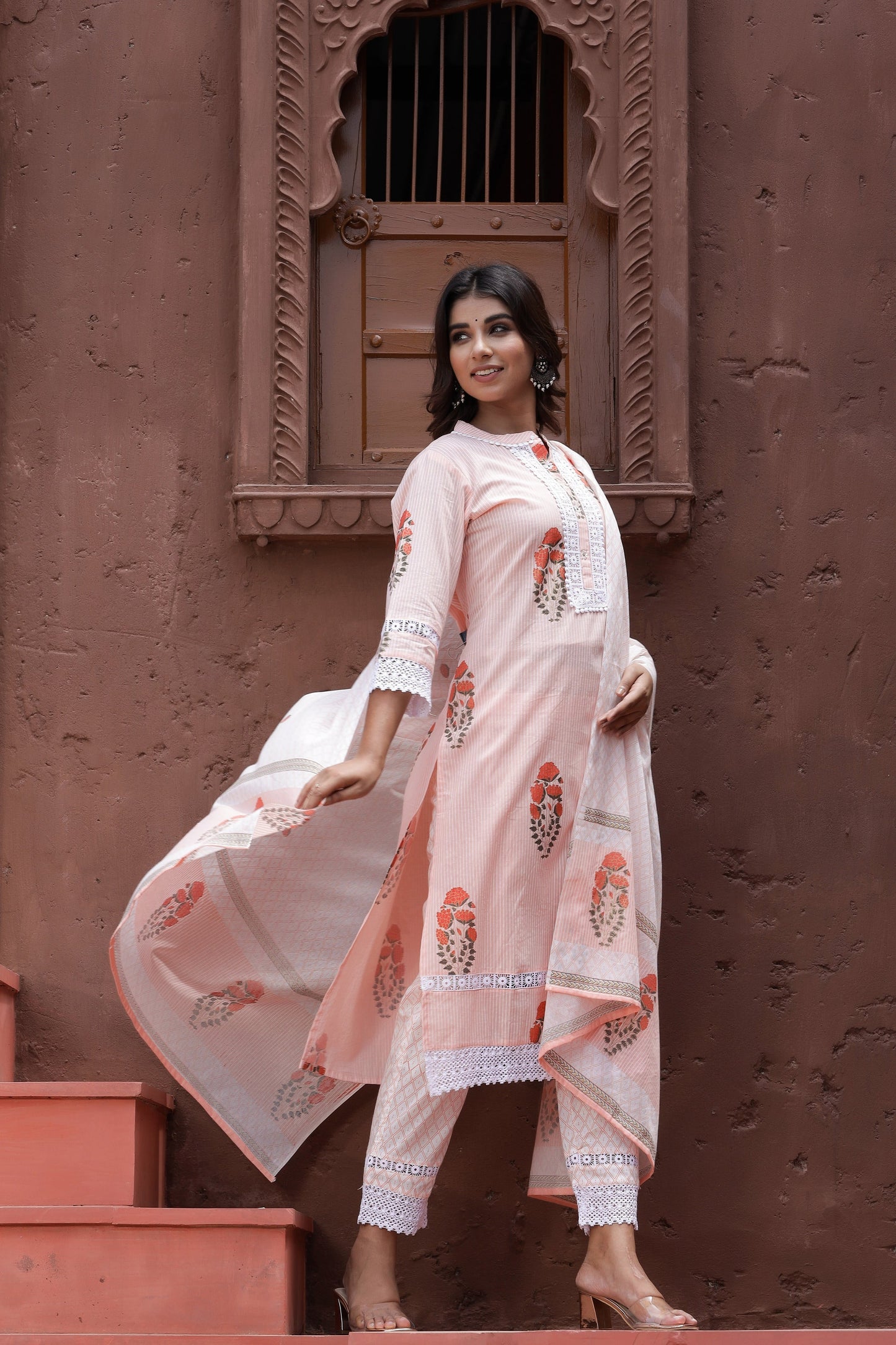 Women's Peach Printed Dupatta Set