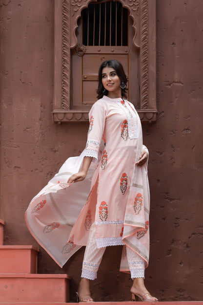 Women's Peach Printed Dupatta Set