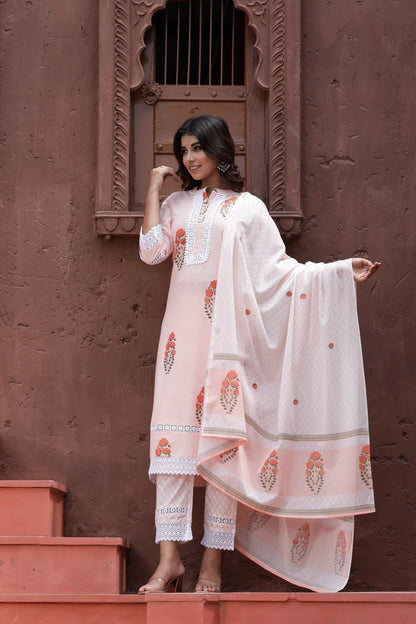 Women's Peach Printed Dupatta Set