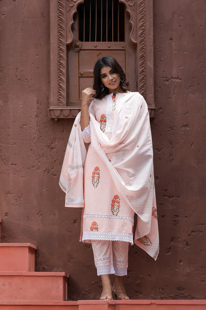 Women's Peach Printed Dupatta Set