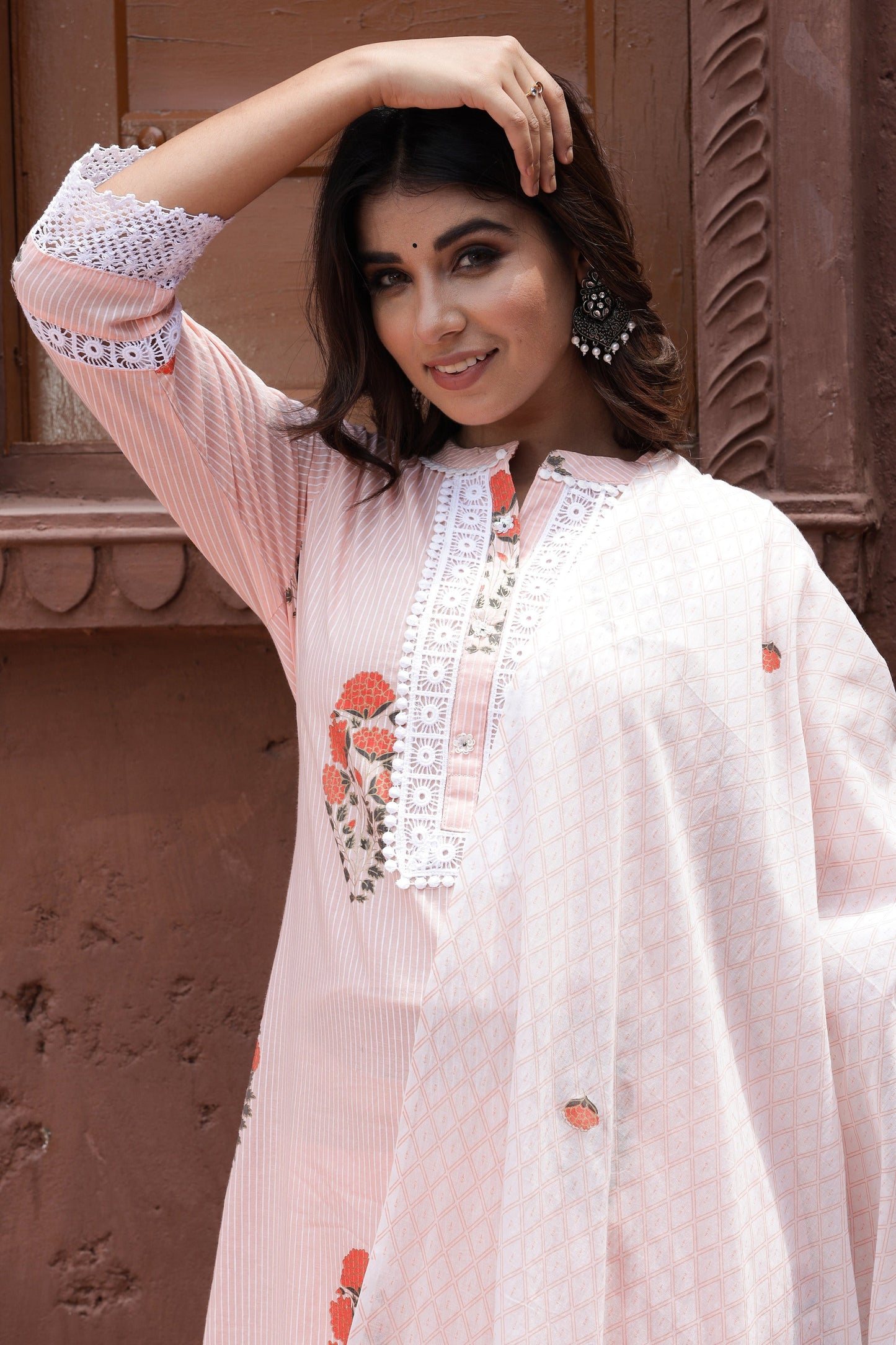 Women's Peach Printed Dupatta Set