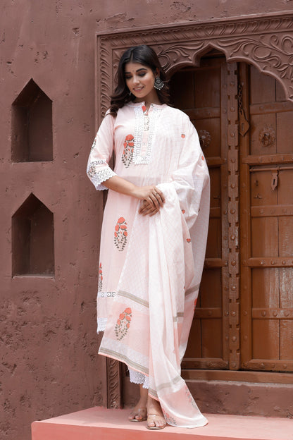 Women's Peach Printed Dupatta Set