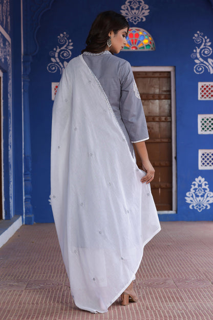 Women's Grey Embroidered Dupatta Set