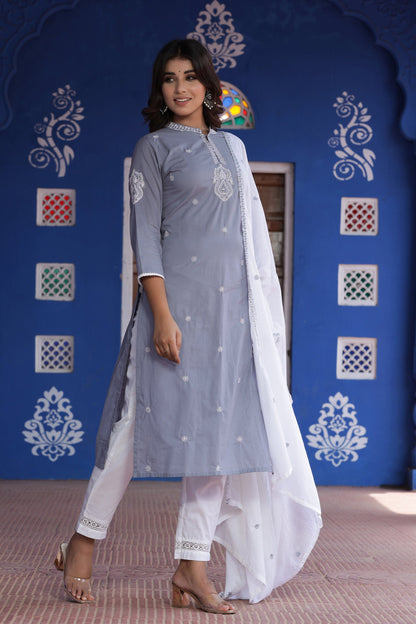 Women's Grey Embroidered Dupatta Set