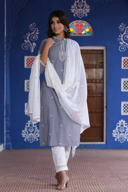 Women's Grey Embroidered Dupatta Set