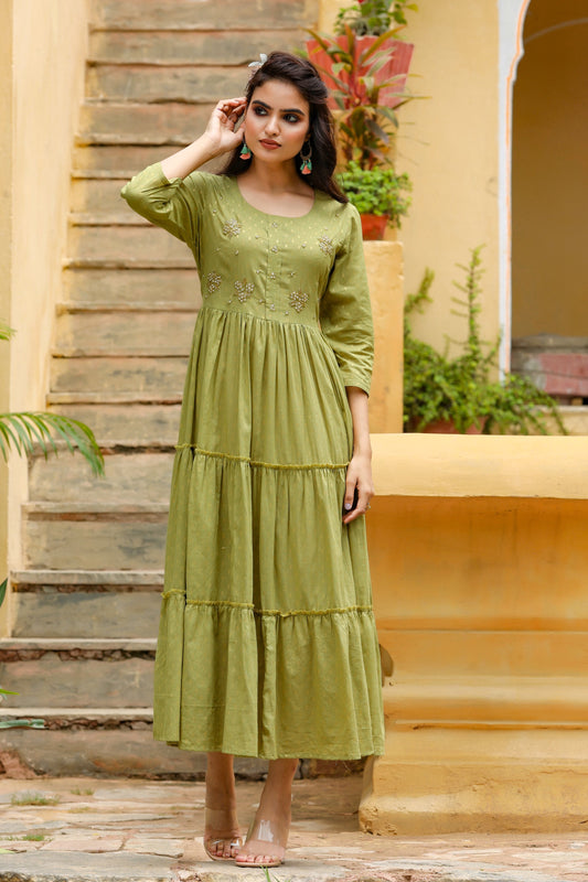 Women's Olive Green Tired Dress