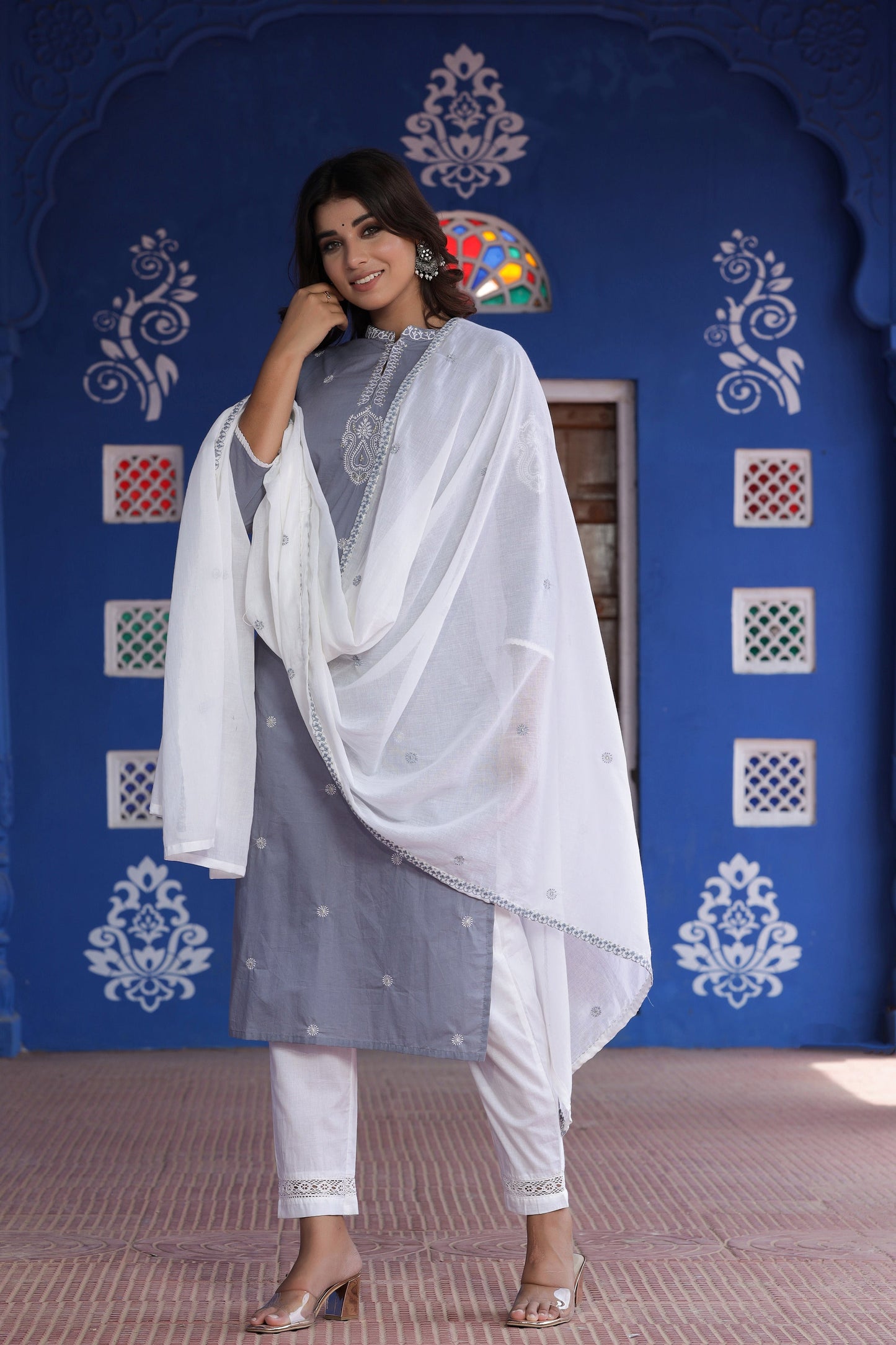 Women's Grey Embroidered Dupatta Set