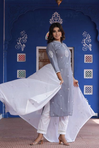 Women's Grey Embroidered Dupatta Set