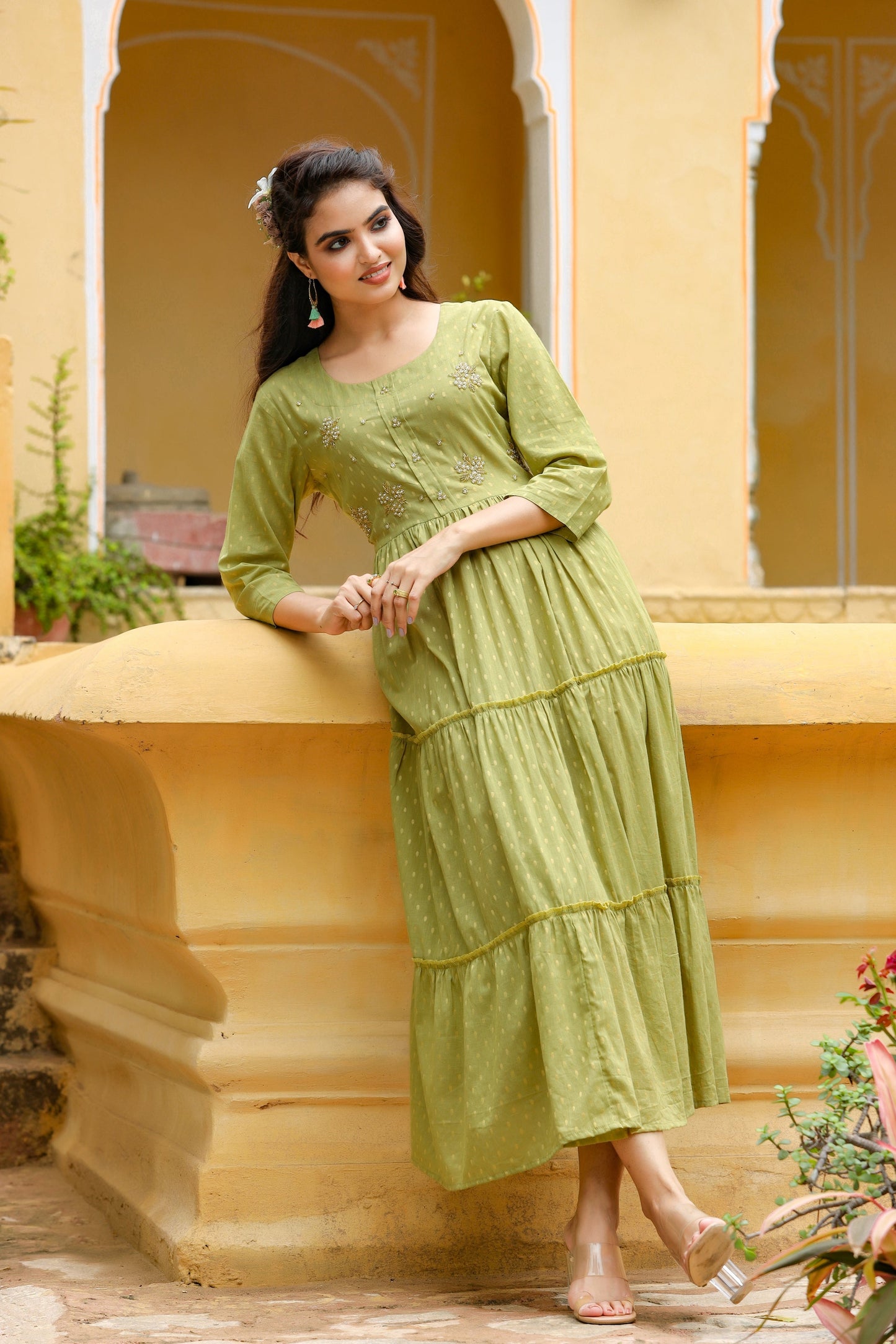 Women's Olive Green Tired Dress