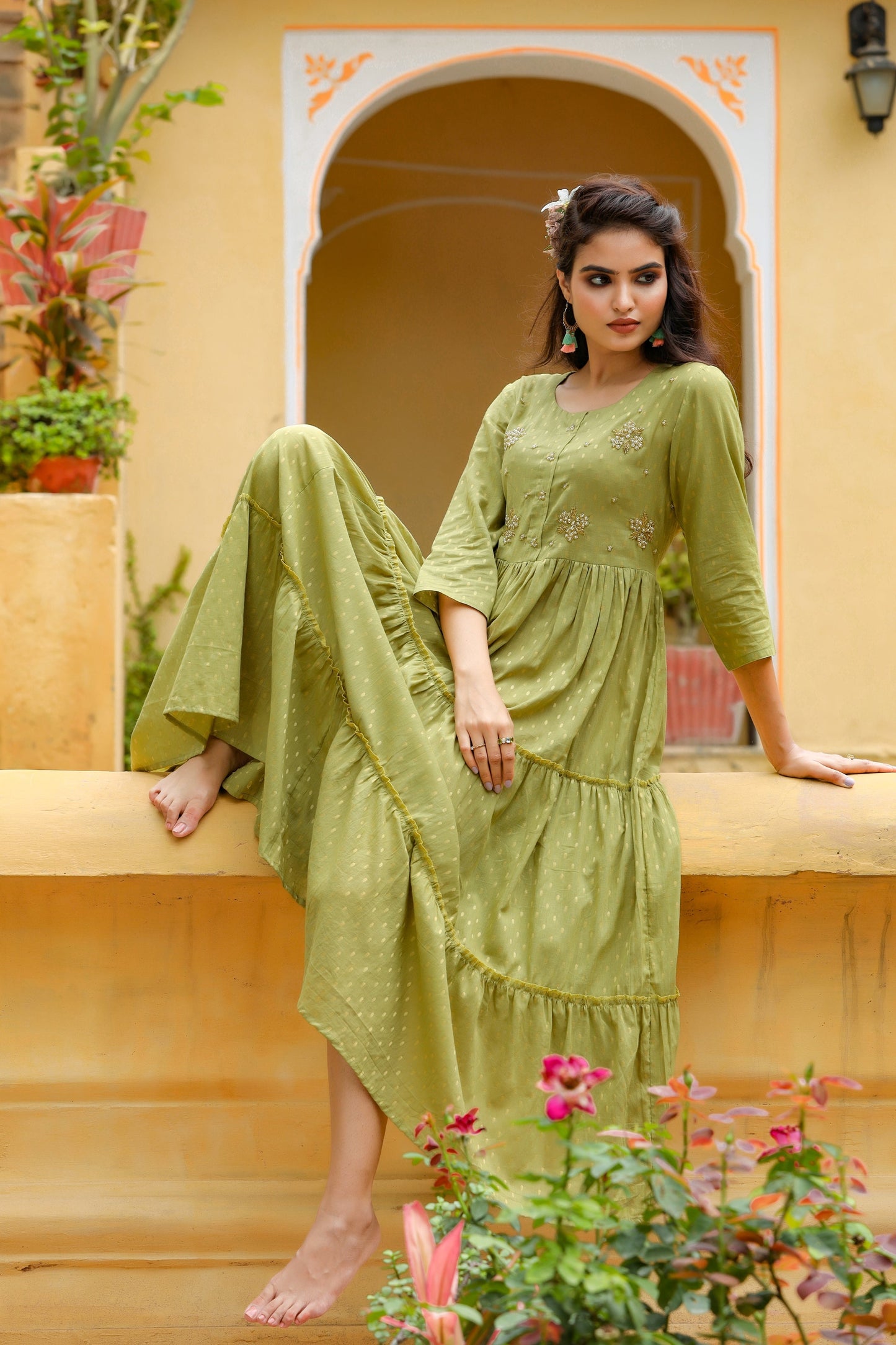 Women's Olive Green Tired Dress