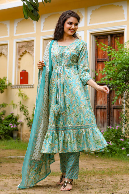Women's Blue Printed Dupatta Set