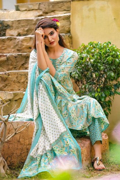 Women's Blue Printed Dupatta Set