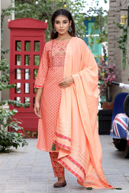 Women's Peach Handblock Dupatta Set