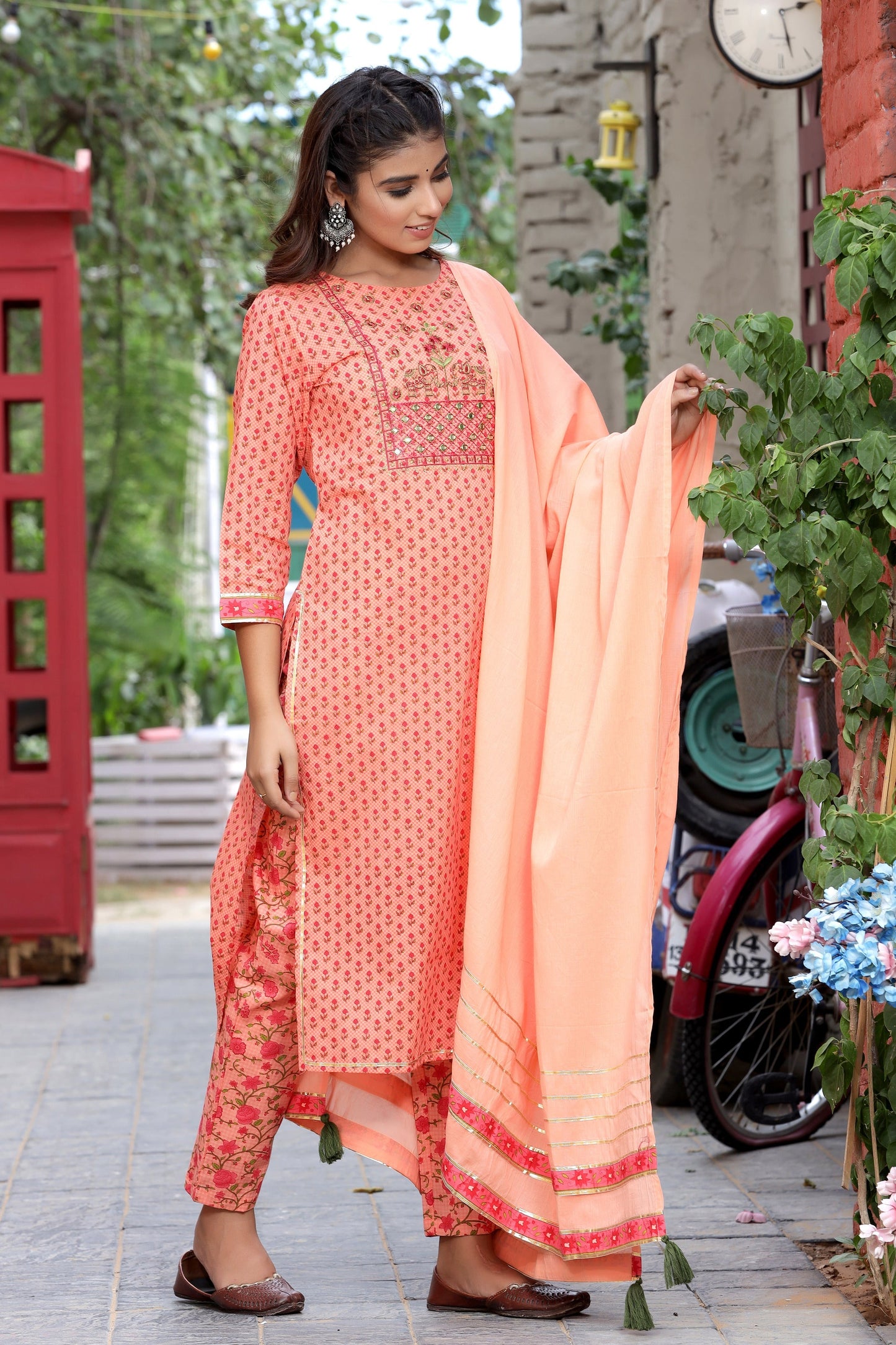Women's Peach Handblock Dupatta Set