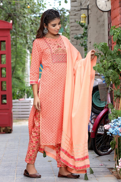 Women's Peach Handblock Dupatta Set