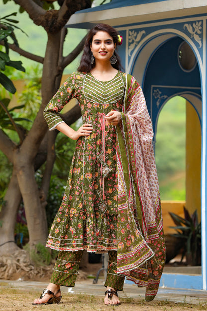 Women's Green Handblock Dupatta Set