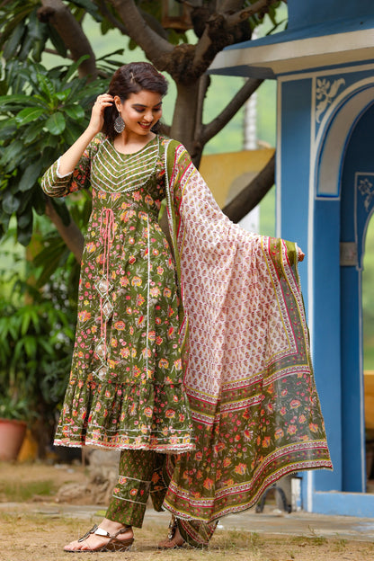 Women's Green Handblock Dupatta Set