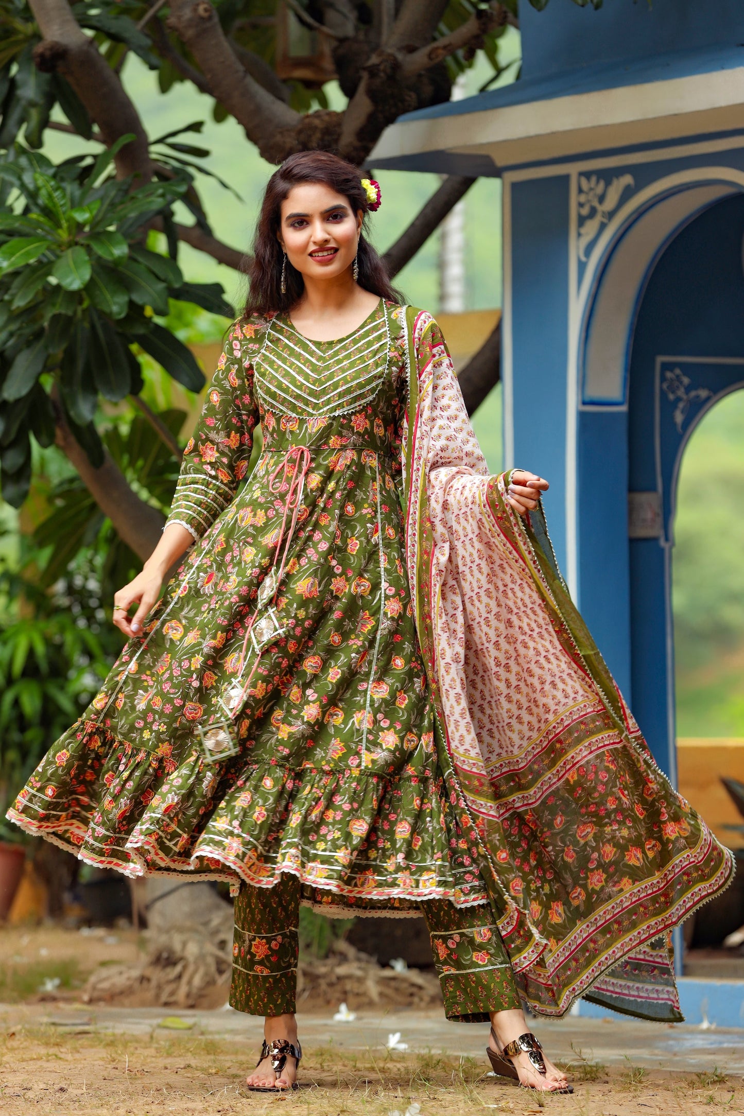 Women's Green Handblock Dupatta Set
