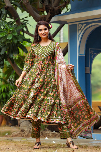 Women's Green Handblock Dupatta Set