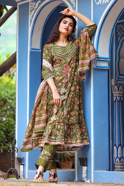 Women's Green Handblock Dupatta Set