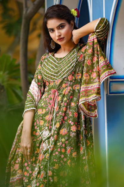 Women's Green Handblock Dupatta Set