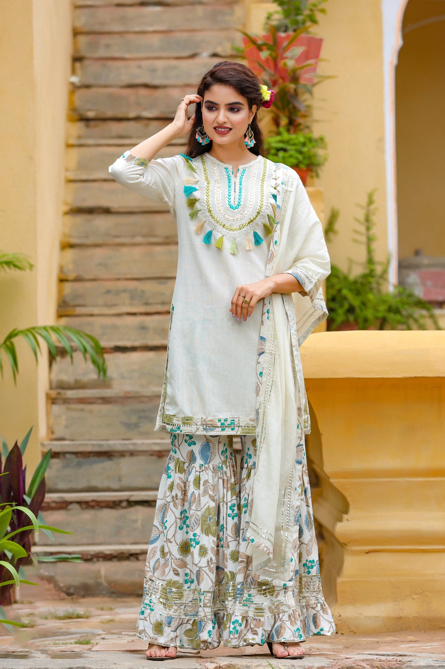 Women's White Handblock Dupatta Set